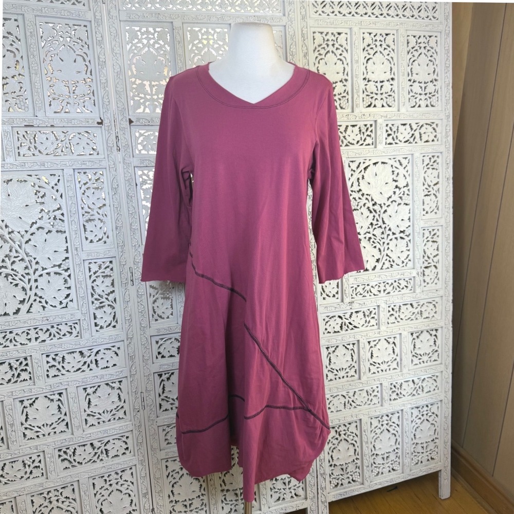 Cynthia Ashby Red Asymmetric Quarter Sleeve Dress Womens Small Lagenlook Artsy